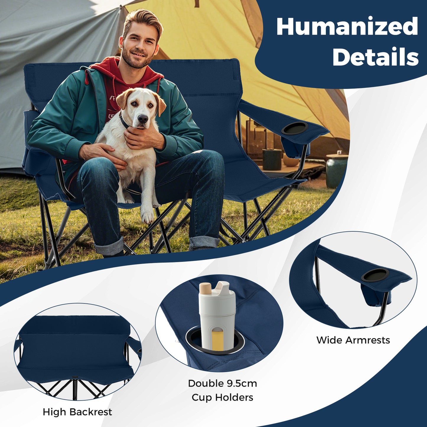Double Camping Chair 2-Person Outdoor Folding Love seat with Cup Holders-Blue