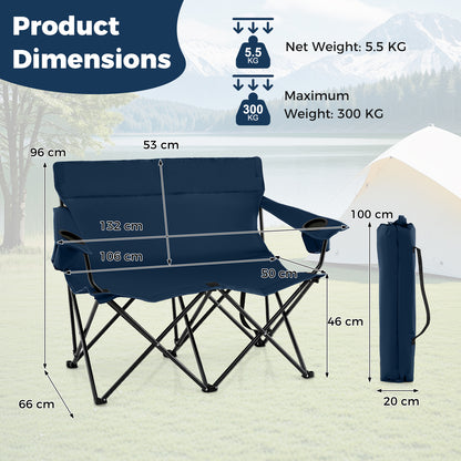 Double Camping Chair 2-Person Outdoor Folding Love seat with Cup Holders-Blue