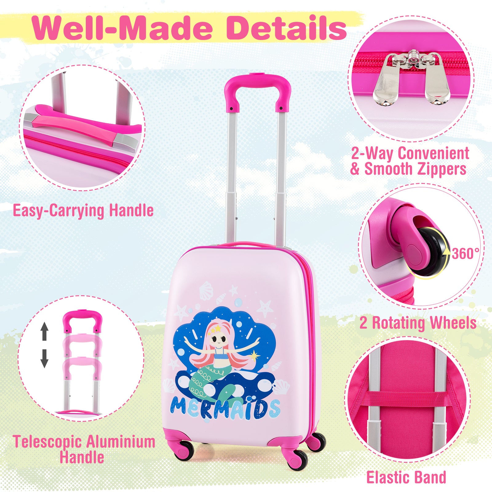 2-Piece Carry-on Luggage Set with Spinner Wheels for Children-Mermaid-Pink