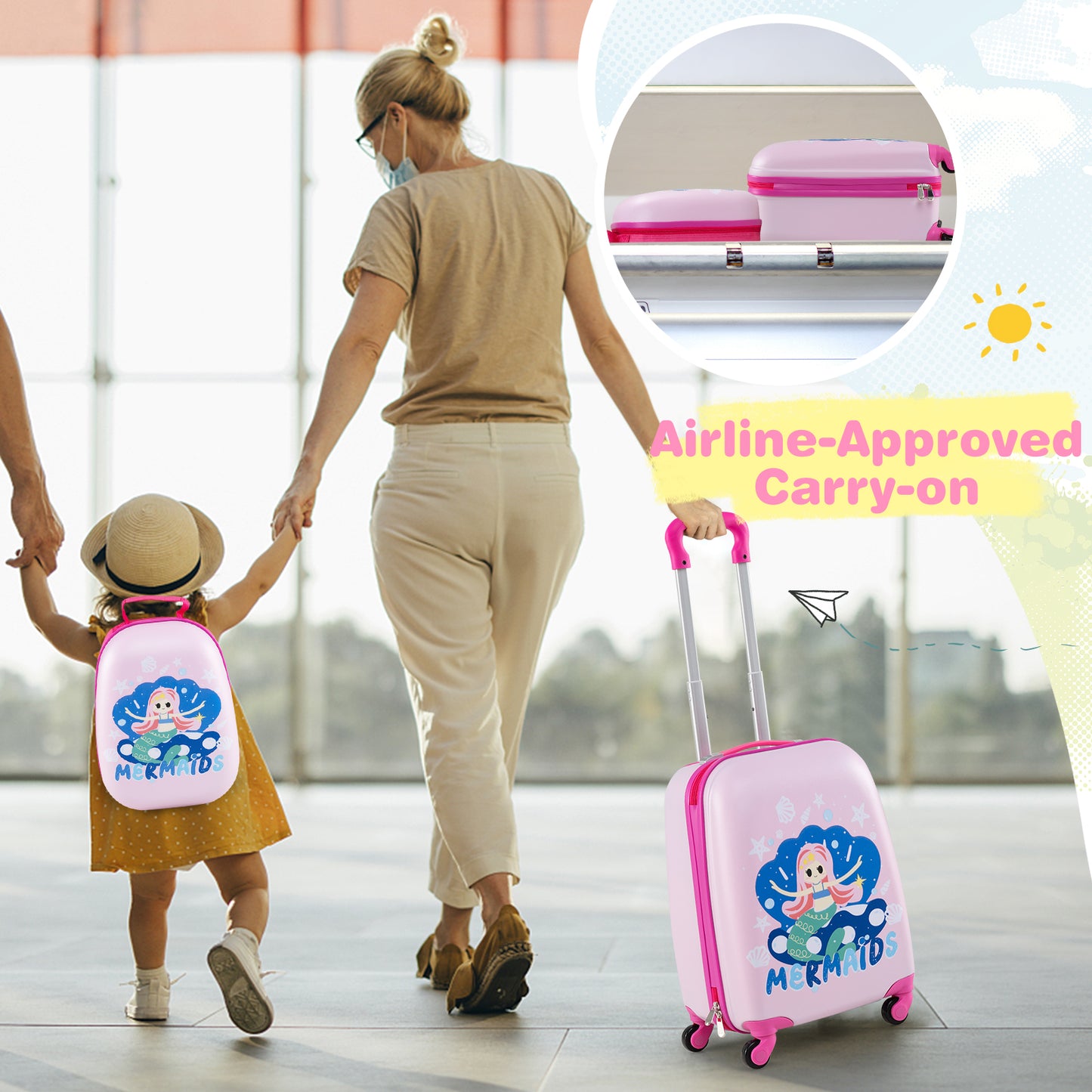 2-Piece Carry-on Luggage Set with Spinner Wheels for Children-Mermaid-Pink