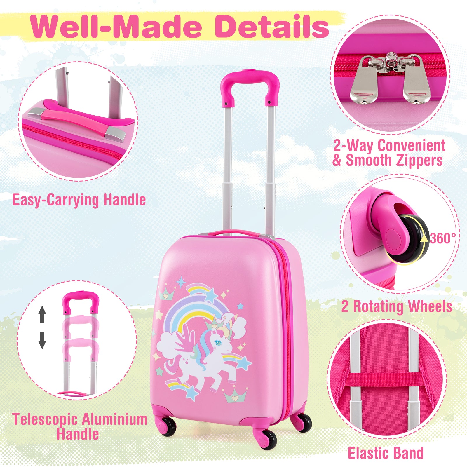 2-Piece Carry-on Luggage Set with Spinner Wheels for Children-Unicorn-Peach Red