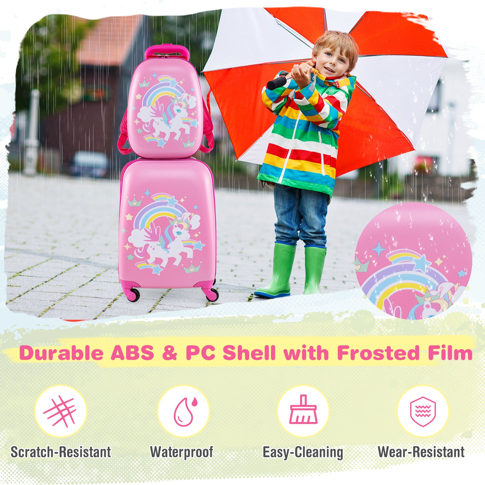 2-Piece Carry-on Luggage Set with Spinner Wheels for Children-Unicorn-Peach Red
