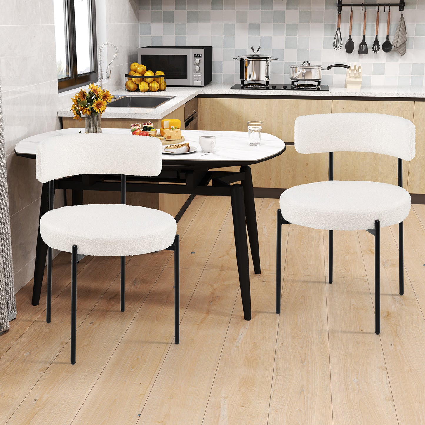 Dining Chairs Set of 2 Round Upholstered Sherpa with Curved Backrest-White