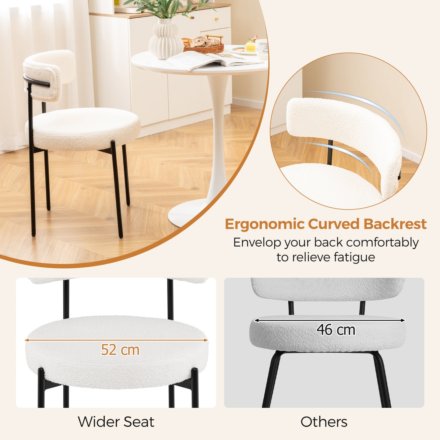 Dining Chairs Set of 2 Round Upholstered Sherpa with Curved Backrest-White