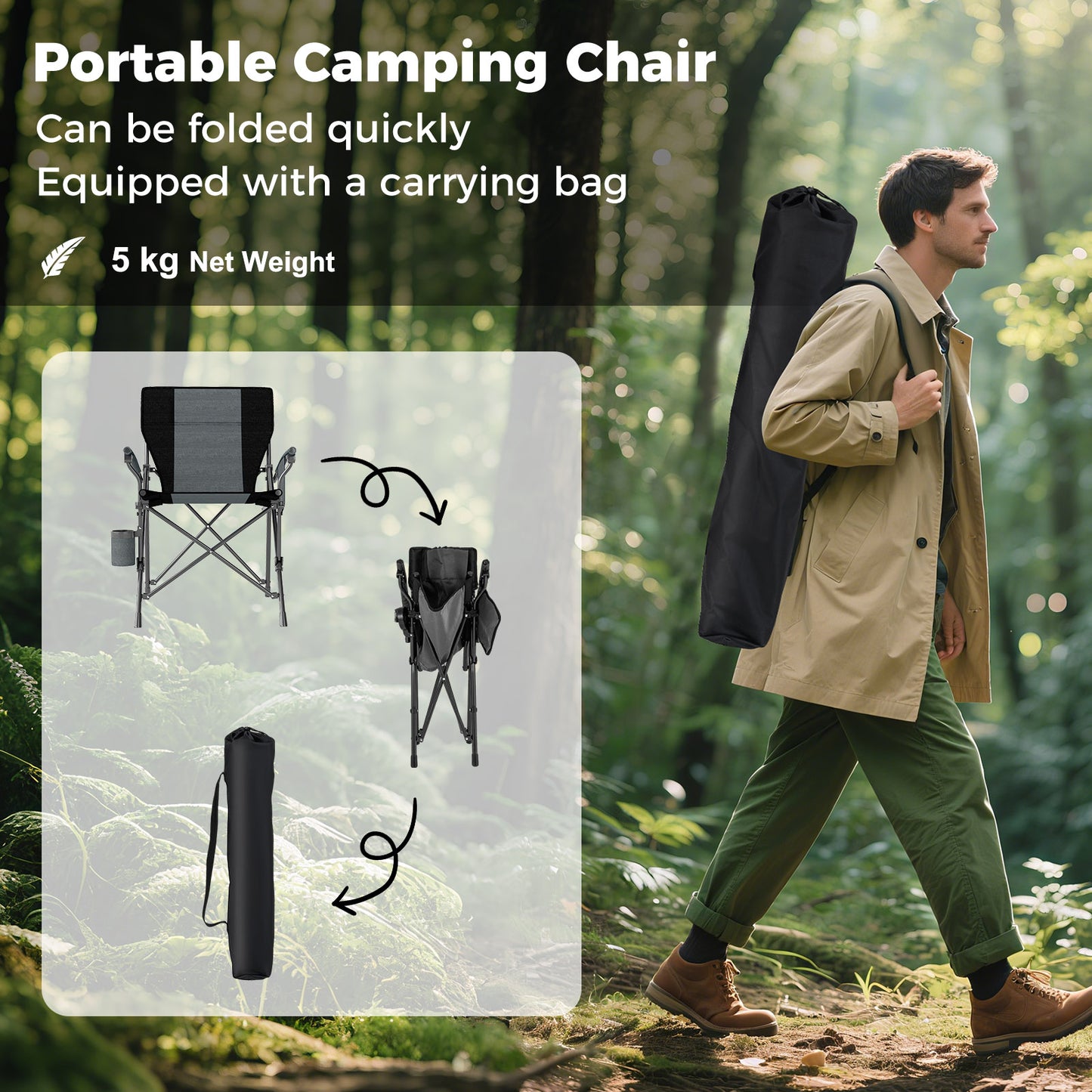 2 Portable Camping Chairs with Cup Holder and Side Pocket-Black
