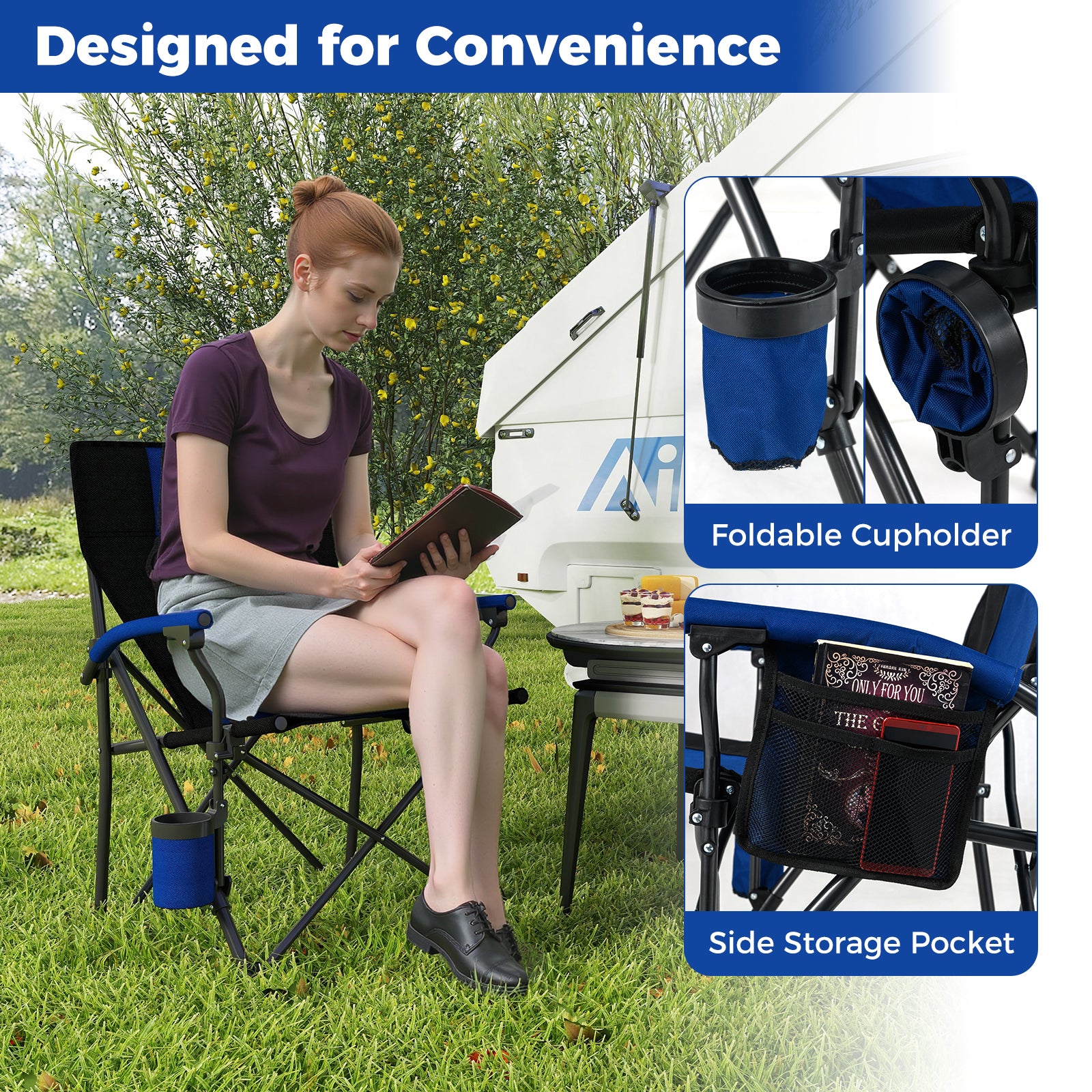 2 Portable Camping Chairs with Cup Holder and Side Pocket-Navy