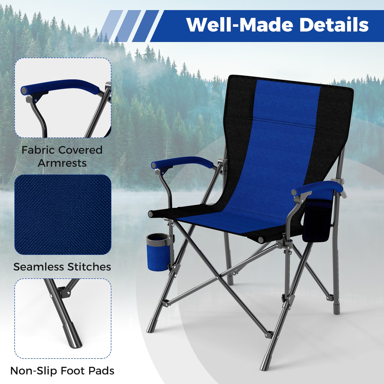 2 Portable Camping Chairs with Cup Holder and Side Pocket-Navy