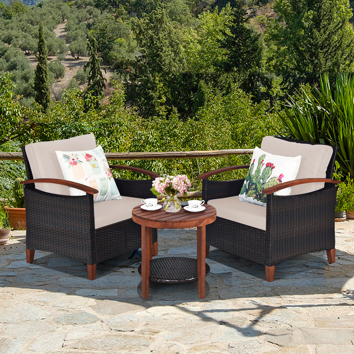 3 Piece Patio Sofa Set 2 Rattan Chairs with 2-Tier Coffee Table-Brown