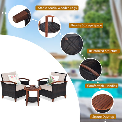 3 Piece Patio Sofa Set 2 Rattan Chairs with 2-Tier Coffee Table-Brown