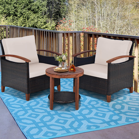3 Piece Patio Sofa Set 2 Rattan Chairs with 2-Tier Coffee Table-Brown