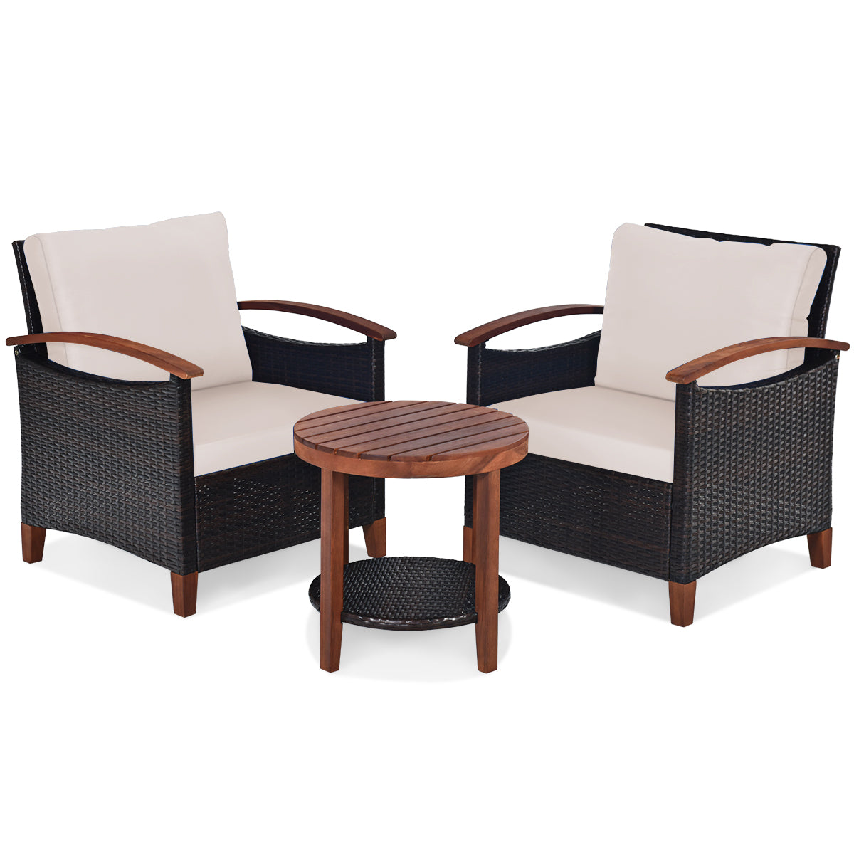 3 Piece Patio Sofa Set 2 Rattan Chairs with 2-Tier Coffee Table-Brown