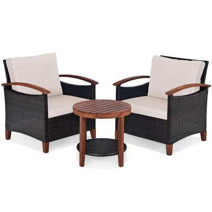 3 Piece Patio Sofa Set 2 Rattan Chairs with 2-Tier Coffee Table-Brown