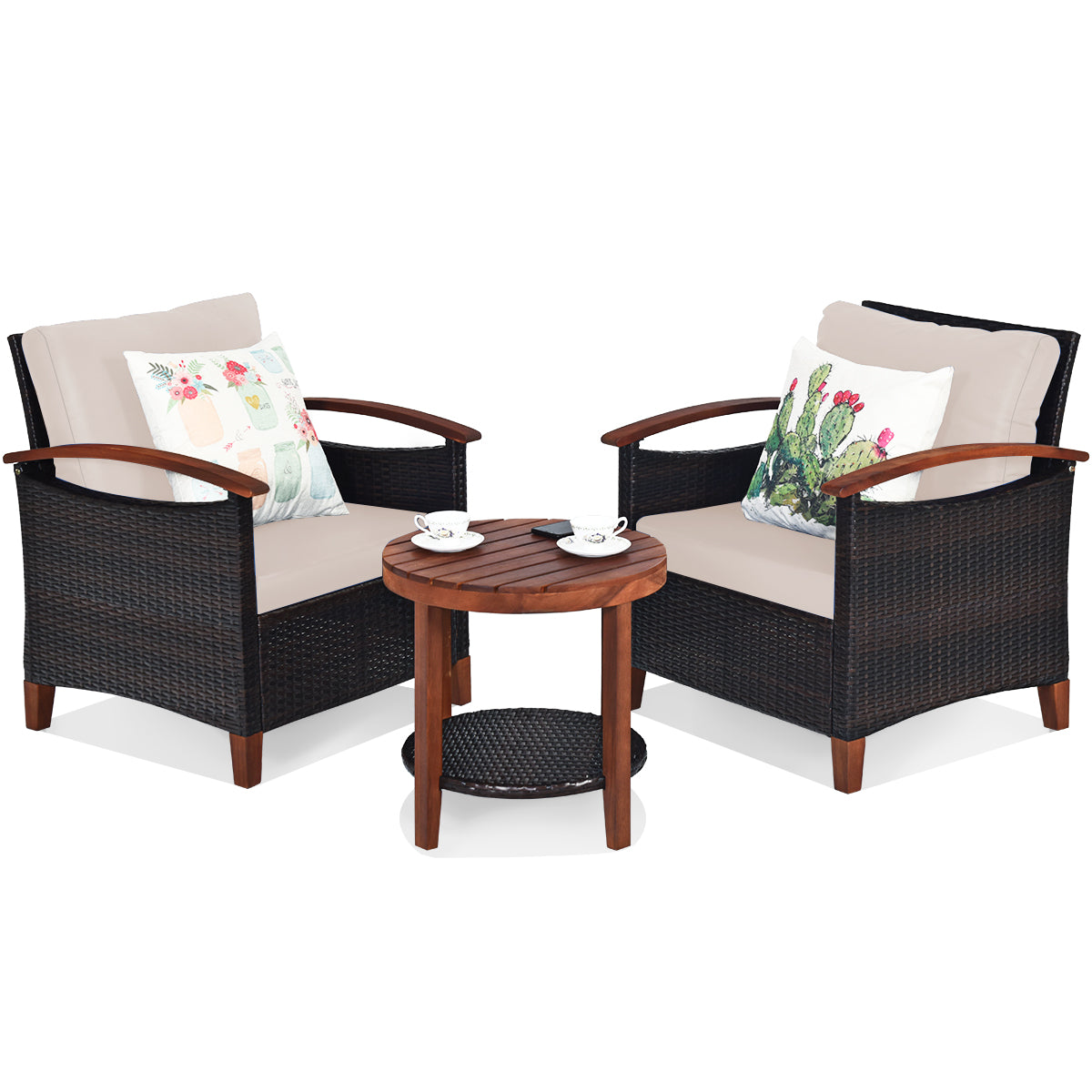 3 Piece Patio Sofa Set 2 Rattan Chairs with 2-Tier Coffee Table-Brown