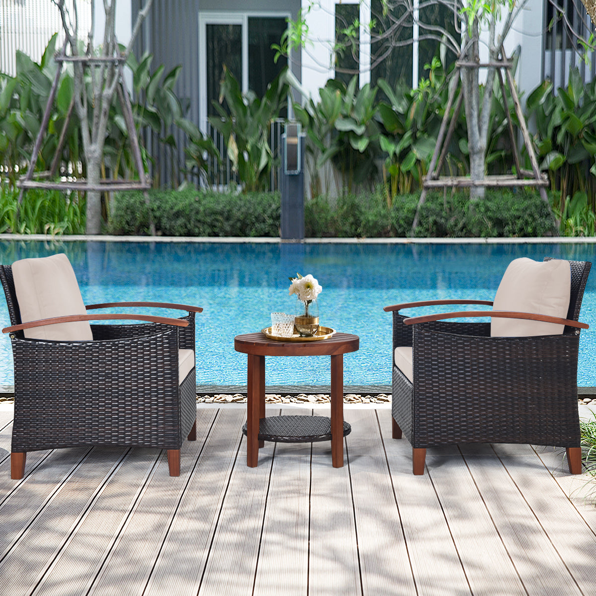 3 Piece Patio Sofa Set 2 Rattan Chairs with 2-Tier Coffee Table-Brown