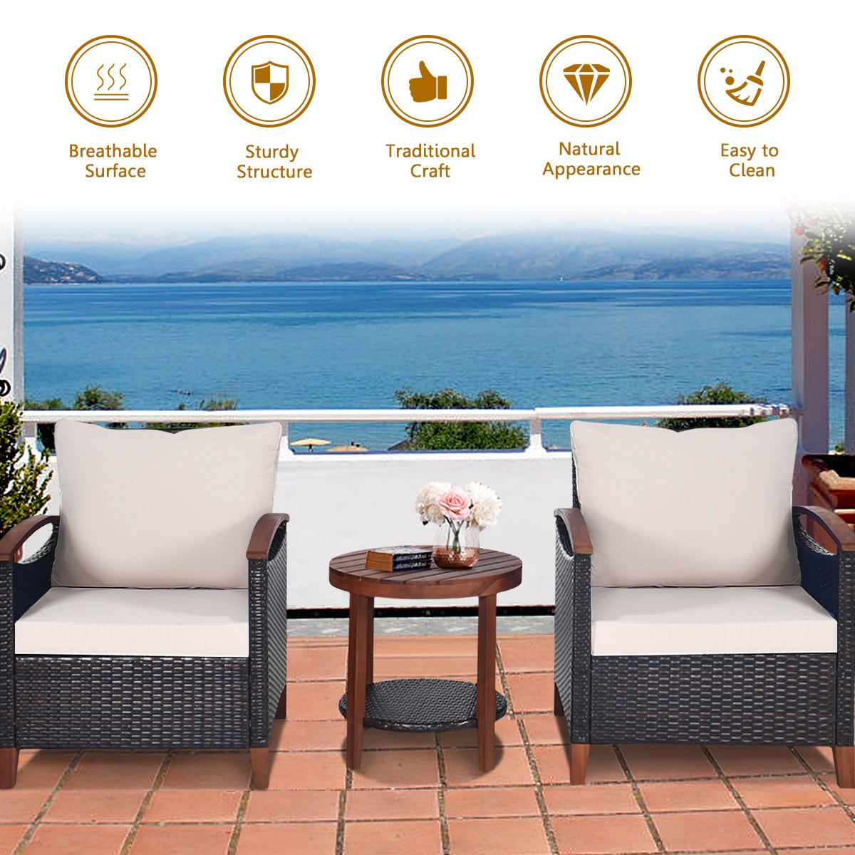 3 Piece Patio Sofa Set 2 Rattan Chairs with 2-Tier Coffee Table-Brown