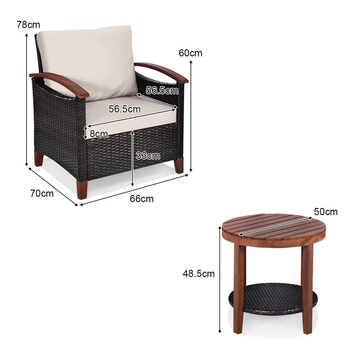 3 Piece Patio Sofa Set 2 Rattan Chairs with 2-Tier Coffee Table-Brown