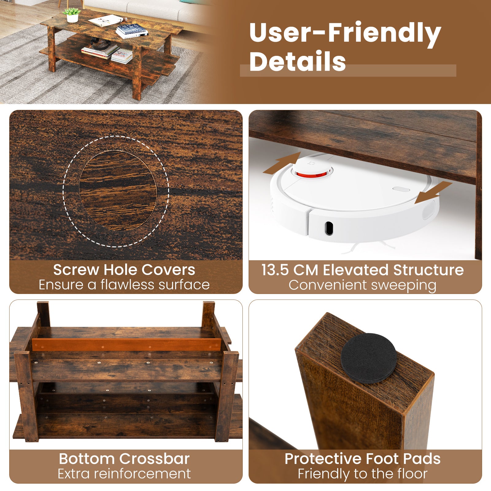 2-Tier Coffee Table Slatted Wood Center Table with Storage Shelf-Coffee