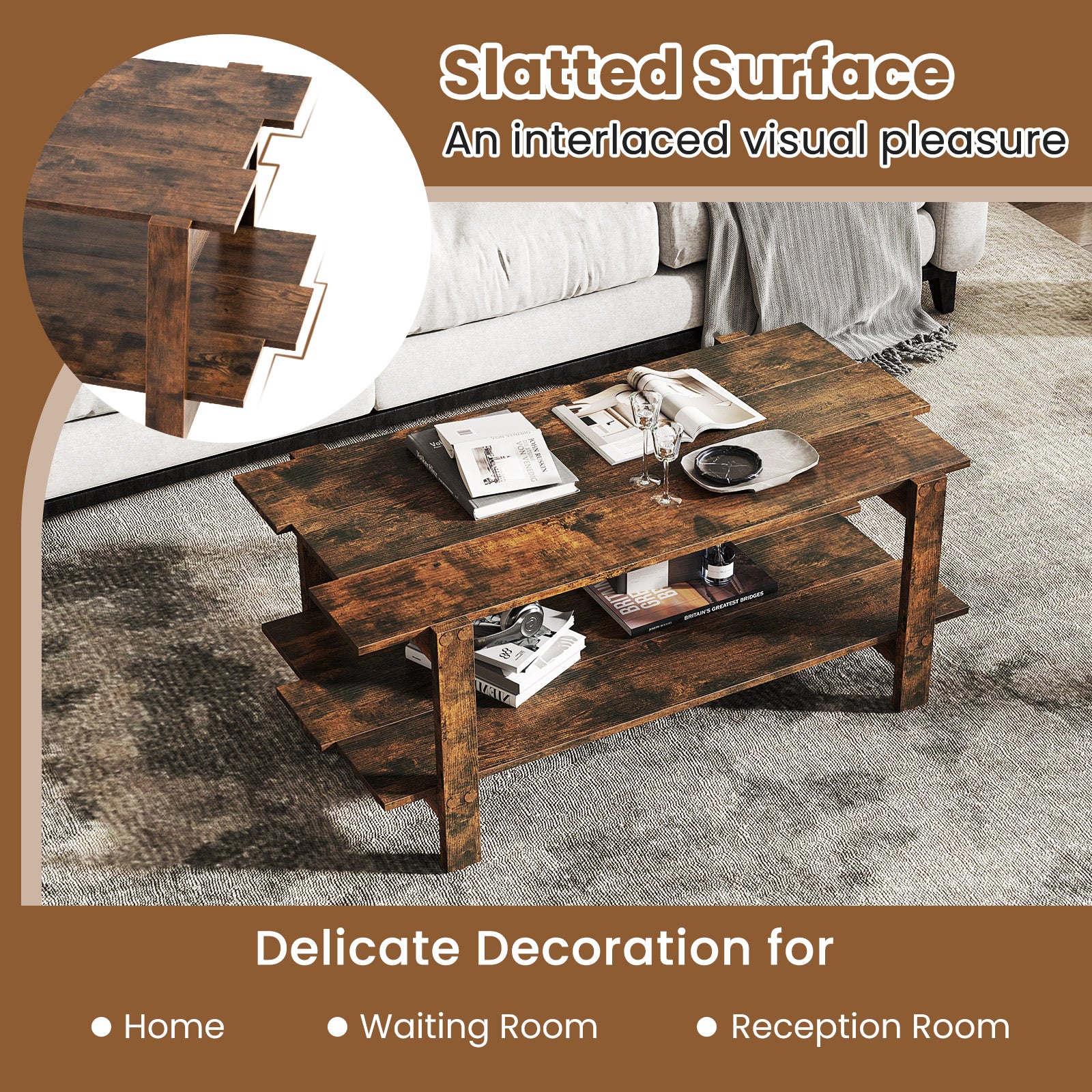 2-Tier Coffee Table Slatted Wood Center Table with Storage Shelf-Coffee