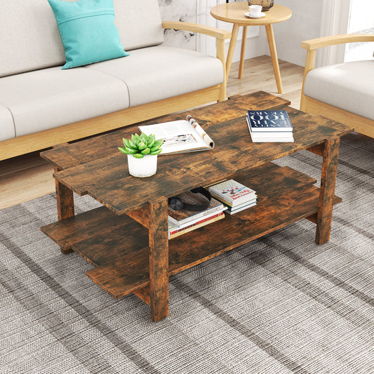 2-Tier Coffee Table Slatted Wood Center Table with Storage Shelf-Coffee