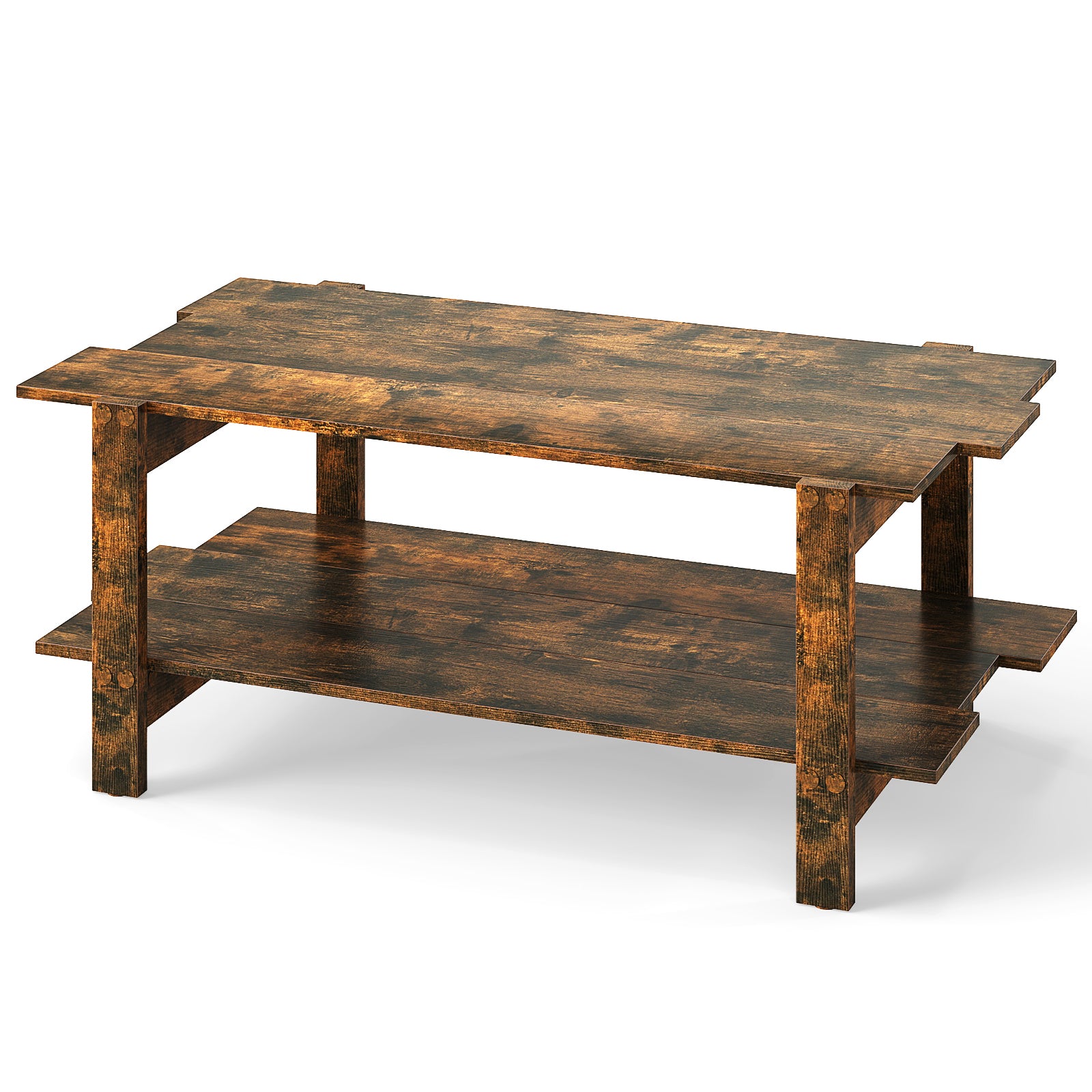 2-Tier Coffee Table Slatted Wood Center Table with Storage Shelf-Coffee