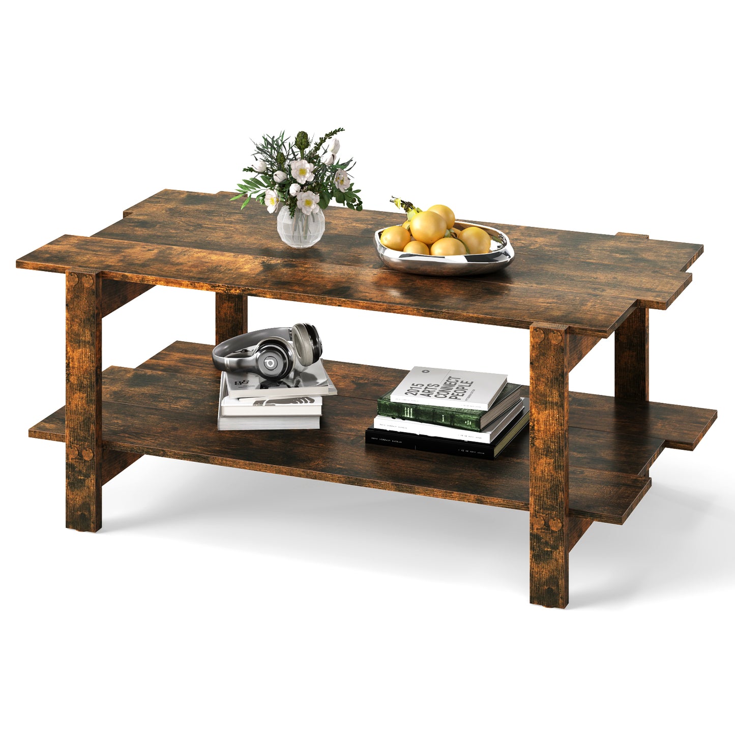 2-Tier Coffee Table Slatted Wood Center Table with Storage Shelf-Coffee