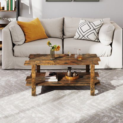 2-Tier Coffee Table Slatted Wood Center Table with Storage Shelf-Coffee
