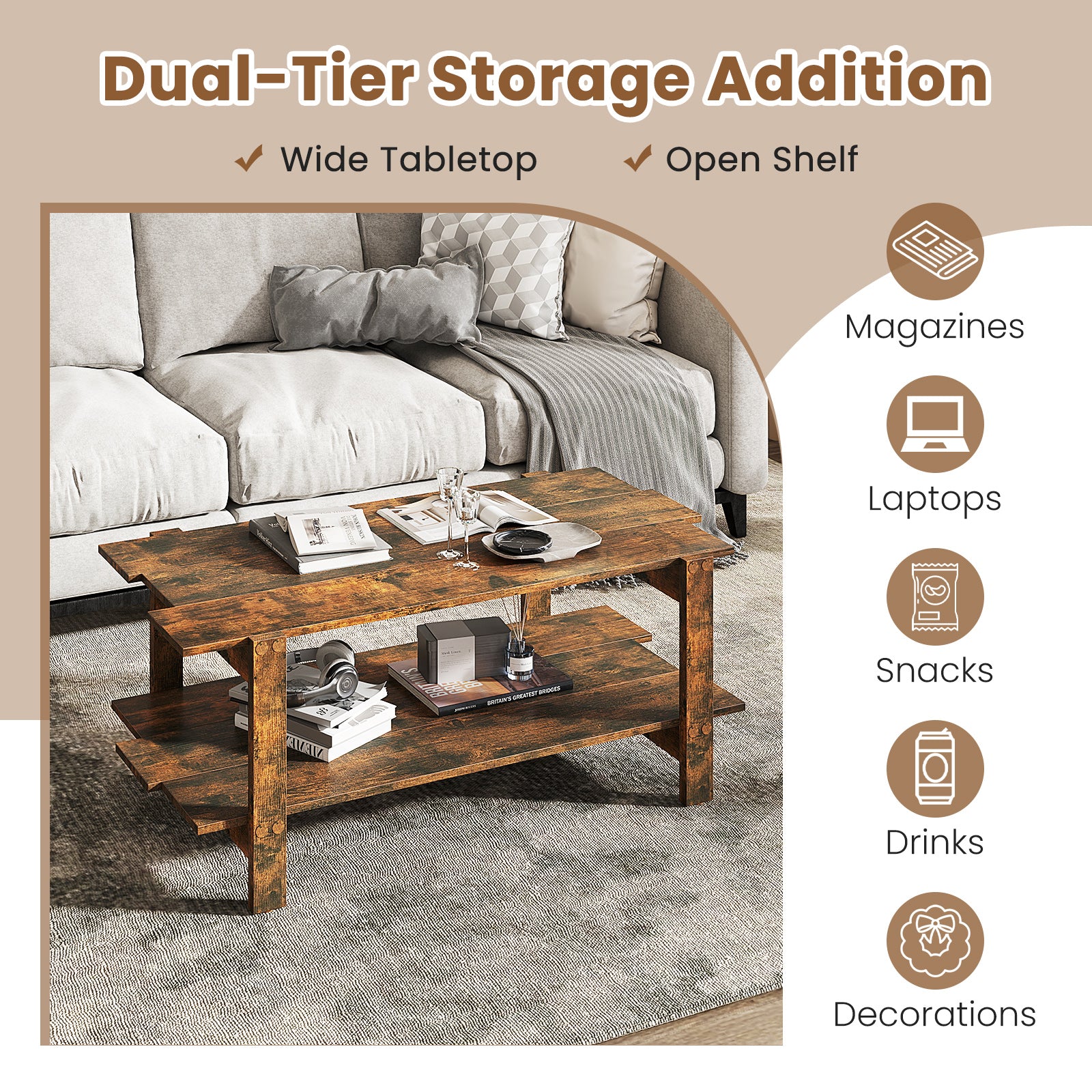 2-Tier Coffee Table Slatted Wood Center Table with Storage Shelf-Coffee