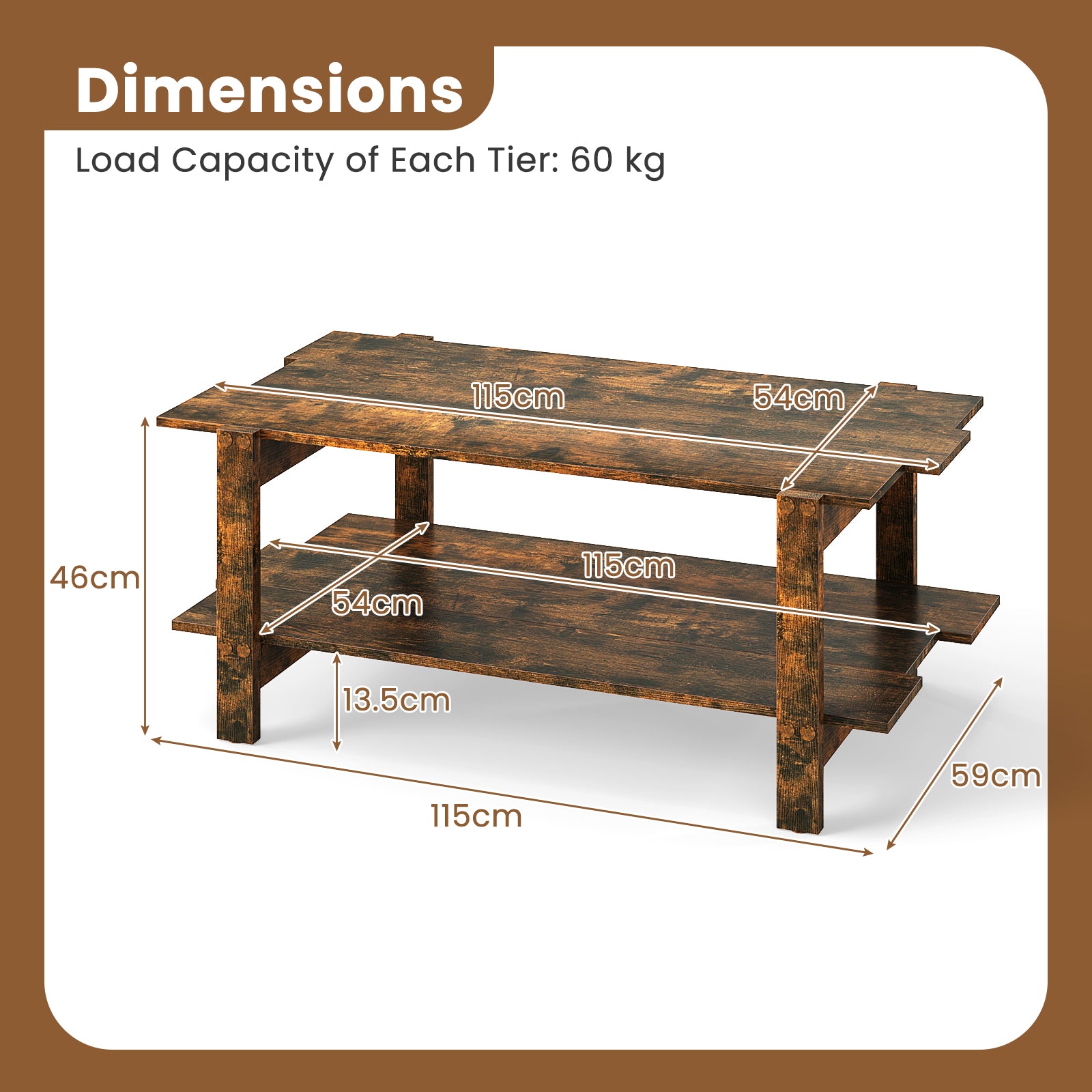 2-Tier Coffee Table Slatted Wood Center Table with Storage Shelf-Coffee