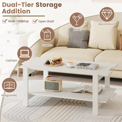 2-Tier Coffee Table Slatted Wood Center Table with Storage Shelf-White