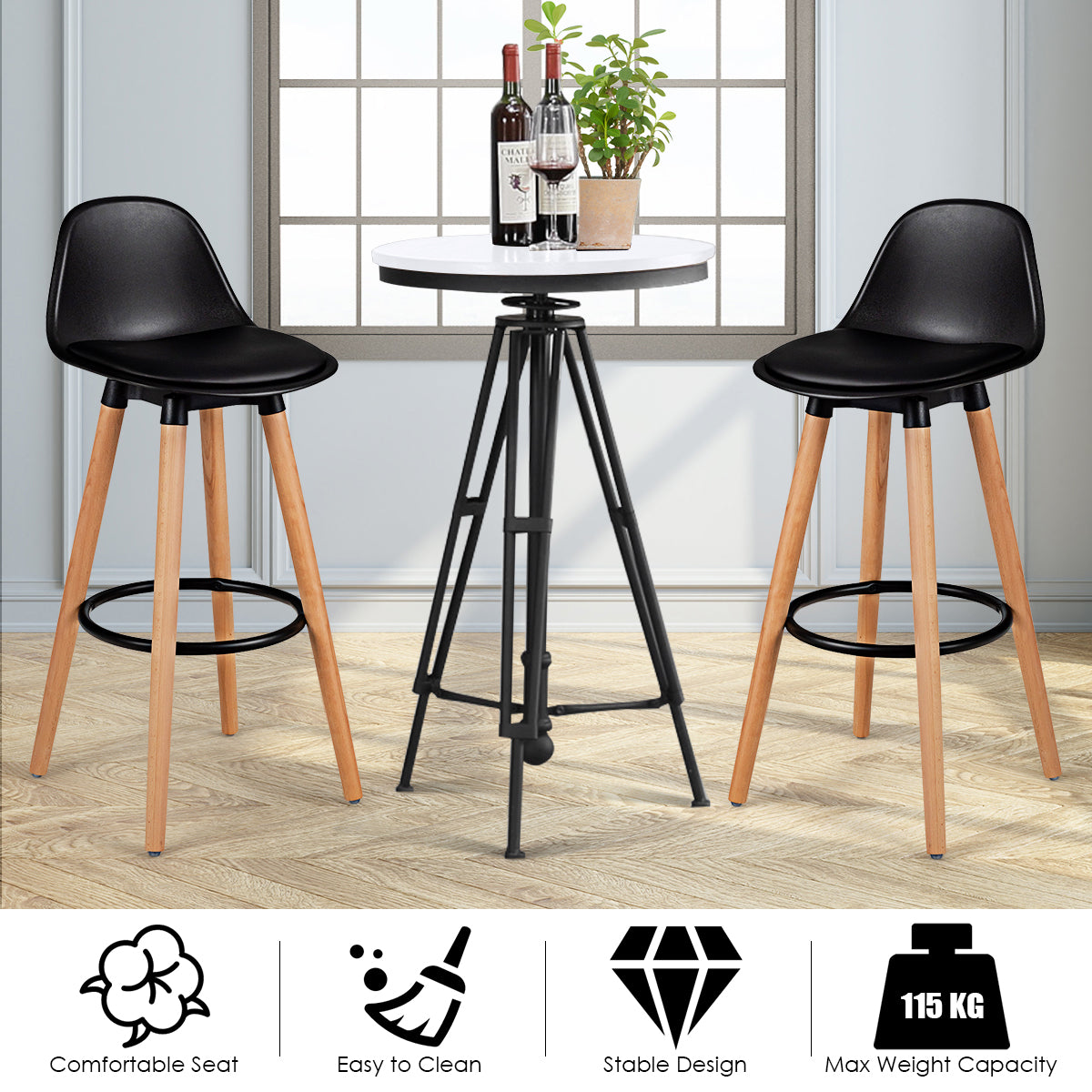 2Pcs PU Leather Bar Stools with Round Metal Footrest-Black