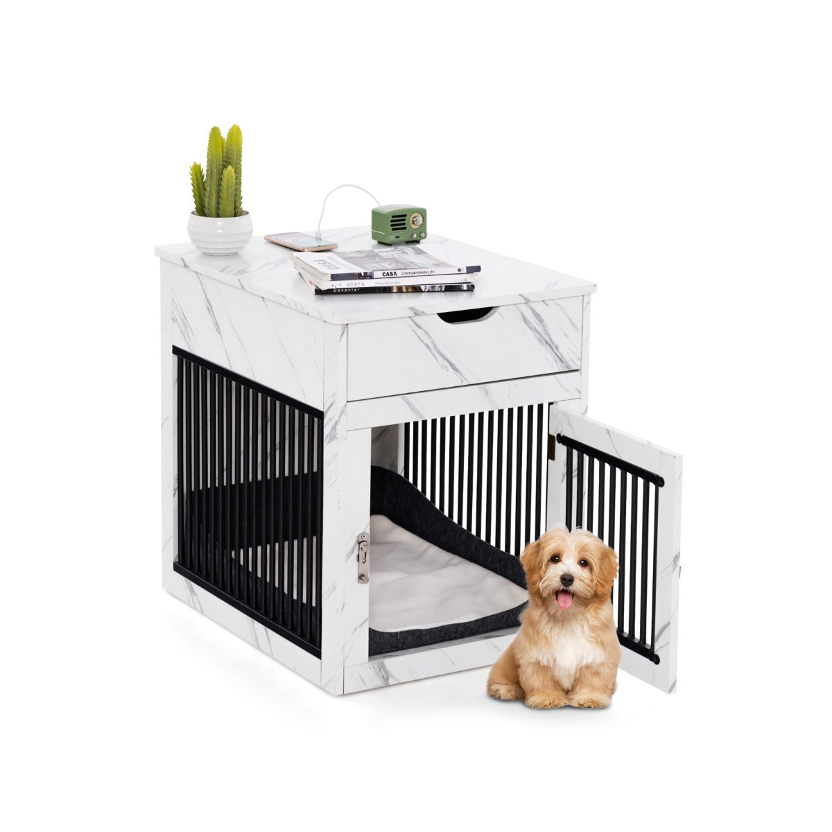 2-In-1 Furniture Dog Crate with Drawer-White