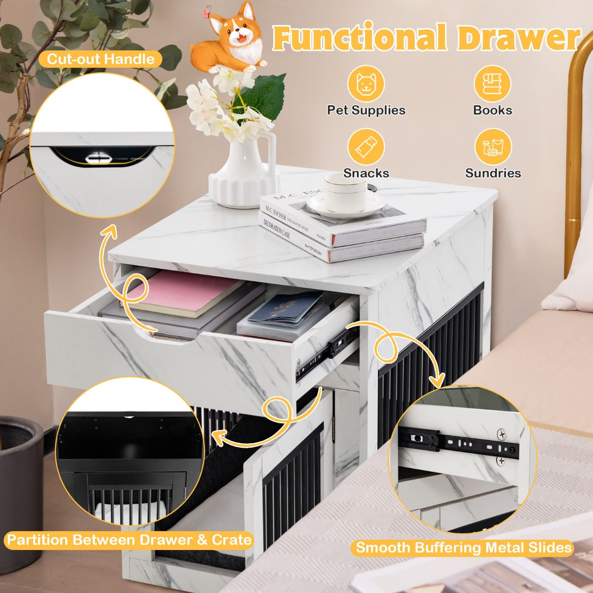 2-In-1 Furniture Dog Crate with Drawer-White