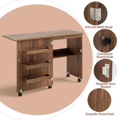 Costway 2-In-1 Multifunctional Sewing Machine Cart Table with Lockable Casters-Brown