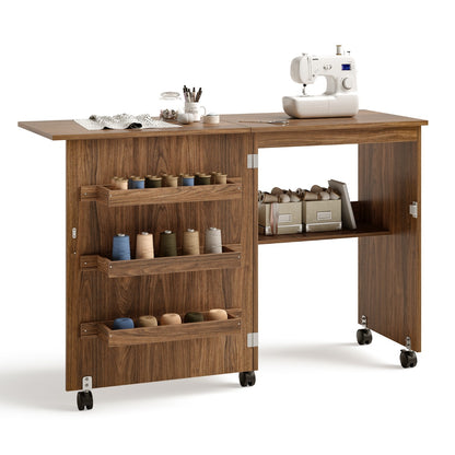 Costway 2-In-1 Multifunctional Sewing Machine Cart Table with Lockable Casters-Brown