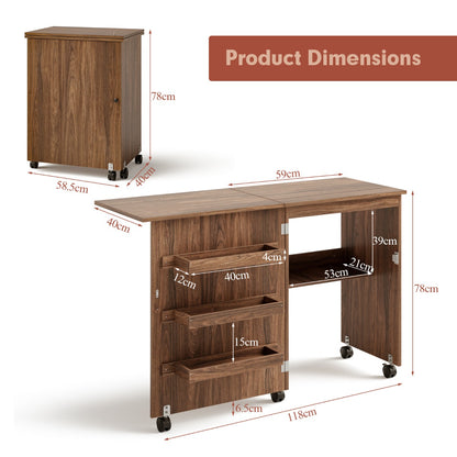 Costway 2-In-1 Multifunctional Sewing Machine Cart Table with Lockable Casters-Brown