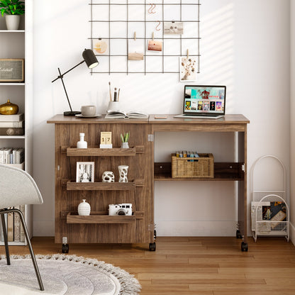 Costway 2-In-1 Multifunctional Sewing Machine Cart Table with Lockable Casters-Brown