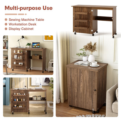 Costway 2-In-1 Multifunctional Sewing Machine Cart Table with Lockable Casters-Brown