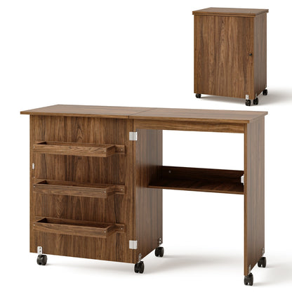 Costway 2-In-1 Multifunctional Sewing Machine Cart Table with Lockable Casters-Brown
