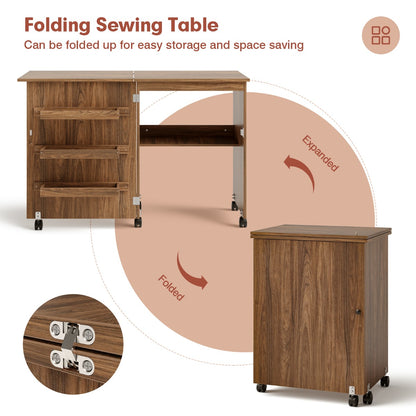 Costway 2-In-1 Multifunctional Sewing Machine Cart Table with Lockable Casters-Brown