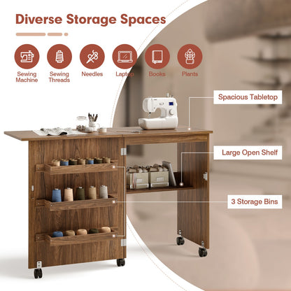 Costway 2-In-1 Multifunctional Sewing Machine Cart Table with Lockable Casters-Brown
