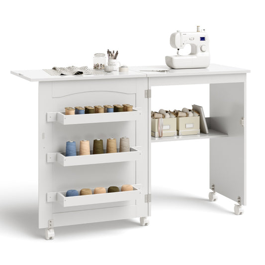 Costway 2-In-1 Multifunctional Sewing Machine Cart Table with Lockable Casters-White