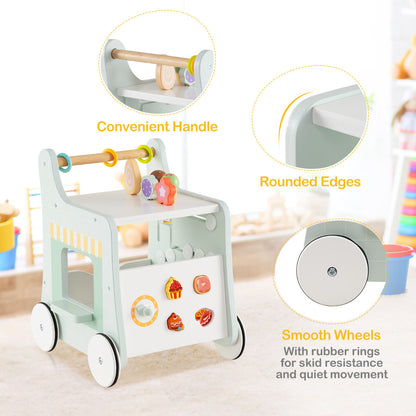 2 in 1 Wooden Baby Walker with Interactive Accessories-Light Green