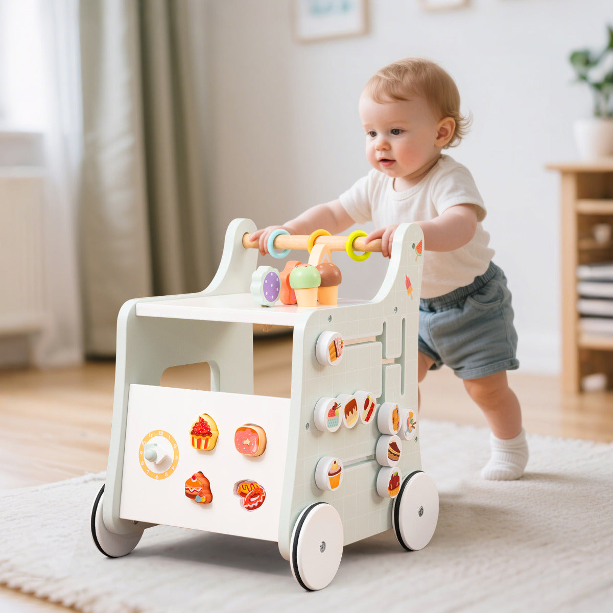 2 in 1 Wooden Baby Walker with Interactive Accessories-Light Green