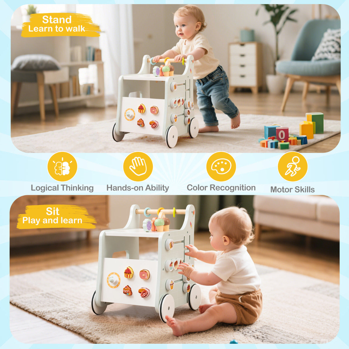 2 in 1 Wooden Baby Walker with Interactive Accessories-Light Green