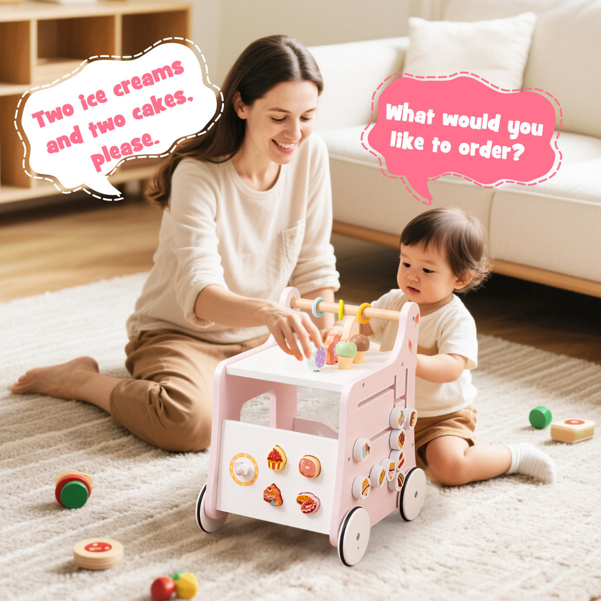 2 in 1 Wooden Baby Walker with Interactive Accessories-Pink