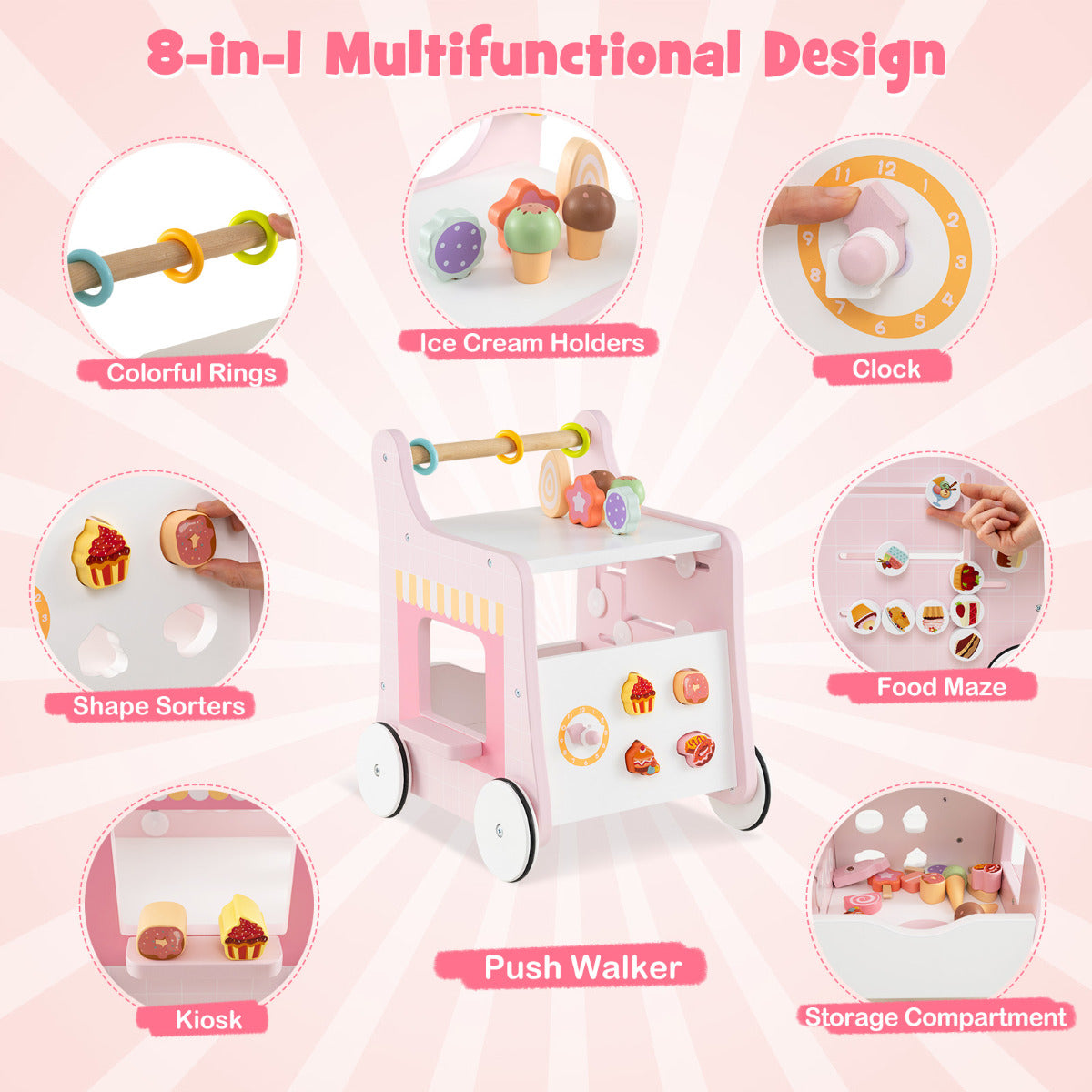 2 in 1 Wooden Baby Walker with Interactive Accessories-Pink