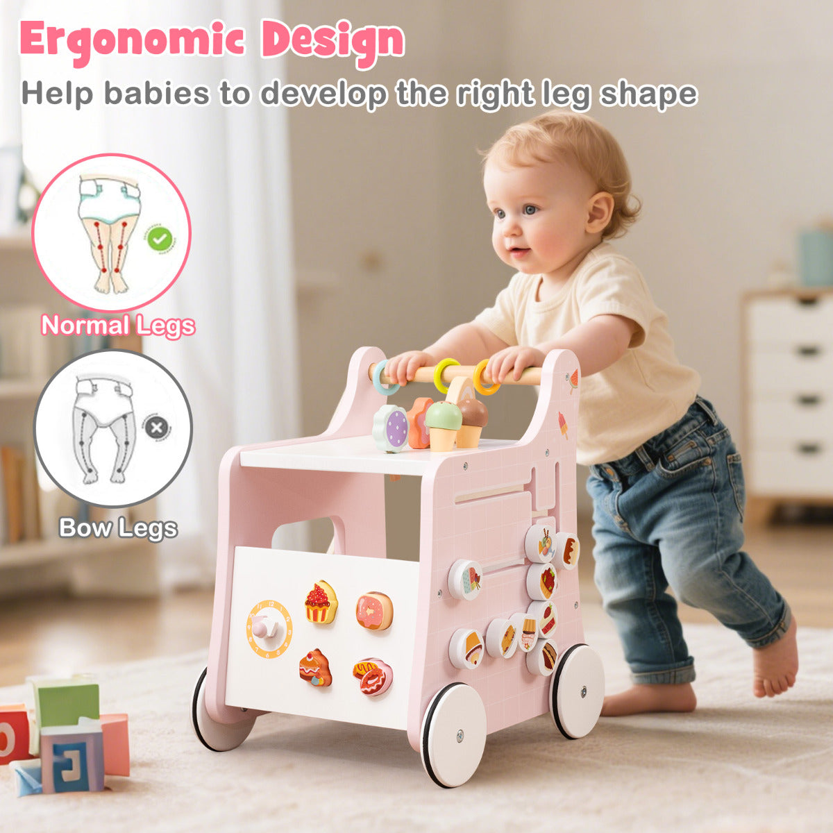 2 in 1 Wooden Baby Walker with Interactive Accessories-Pink
