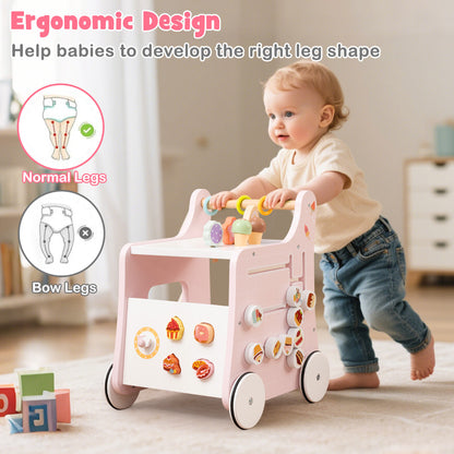 2 in 1 Wooden Baby Walker with Interactive Accessories-Pink