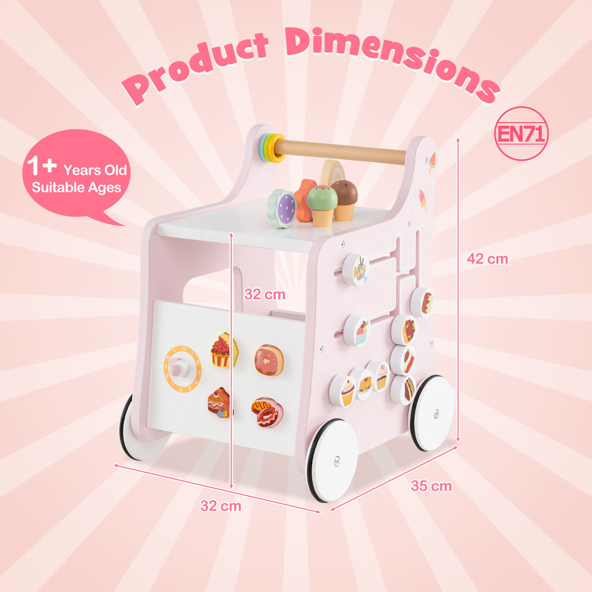 2 in 1 Wooden Baby Walker with Interactive Accessories-Pink