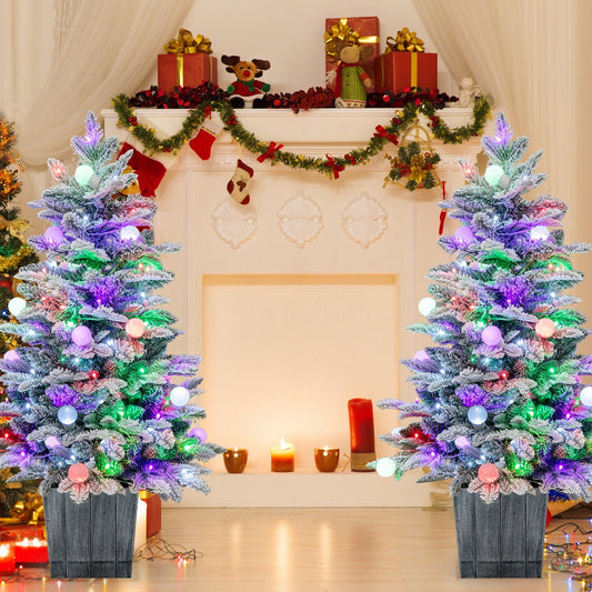 110CM Snow Flocked Potted Christmas Tree Set of 1/2 with LED Lights-2 pieces